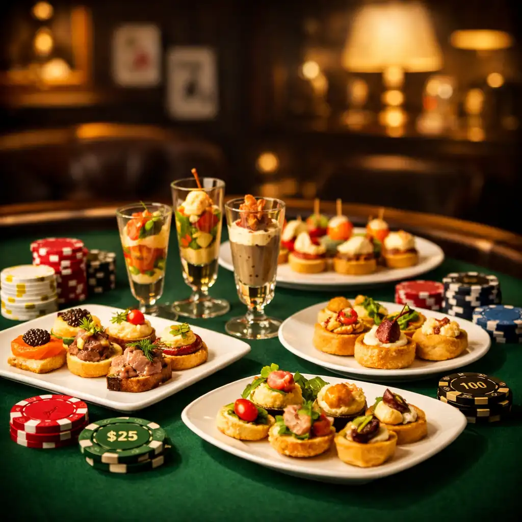 Stół pokerowy z zielonym suknem, na nim eleganckie przekąski i żetony pokerowe obok talerzy