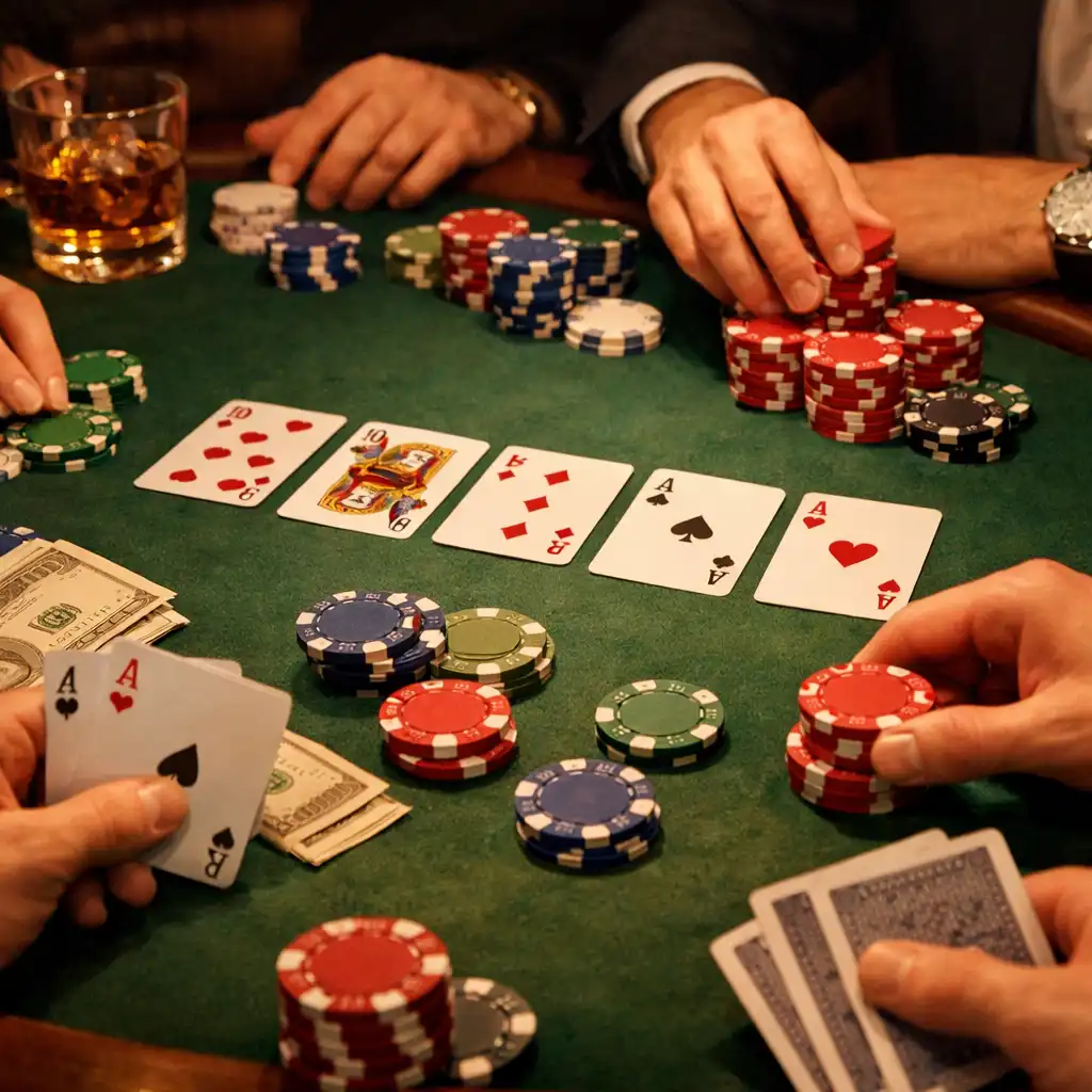 Wieczór pokerowy – stół z rozłożonymi kartami i żetonami, dłonie graczy przy stole