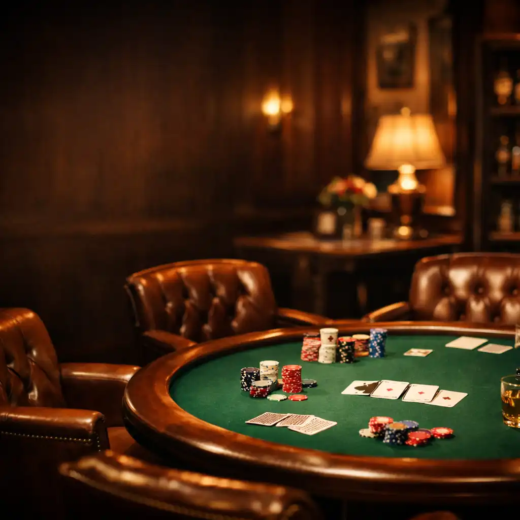 Elegancki card room z ciepłym oświetleniem, stołem pokerowym i skórzanymi fotelami