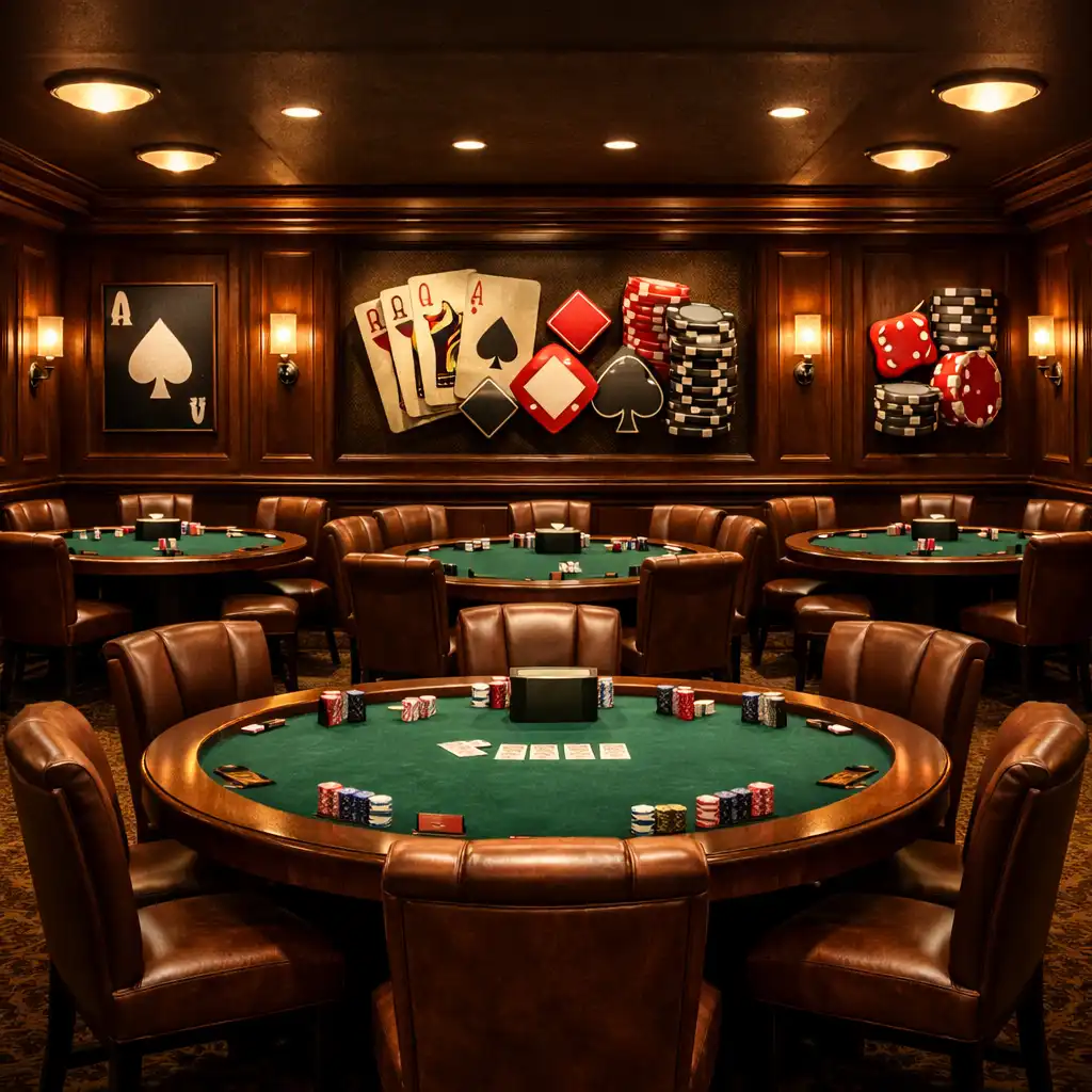 Wnętrze poker lounge z kilkoma stołami pokerowymi i ciepłym światłem punktowym