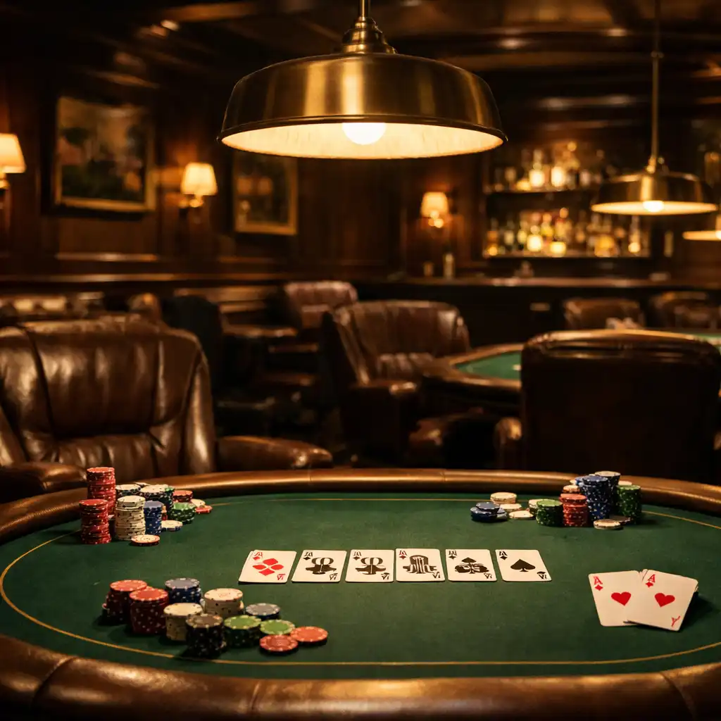 Wnętrze card roomu z kilkoma stołami pokerowymi, skórzanymi fotelami i ciepłym oświetleniem