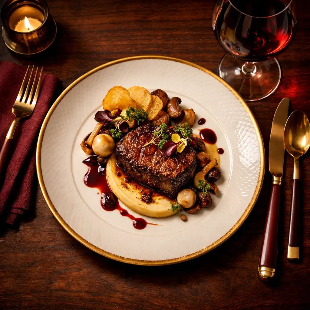Wykwintne danie restauracyjne na eleganckim talerzu z kieliszkiem wina