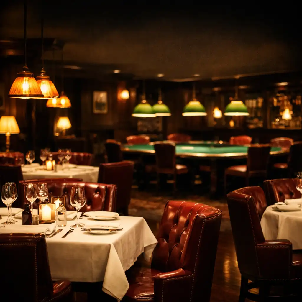 Elegancka sala restauracji Wieczorna Przystań z ciemnymi drewnianymi meblami, skórzanymi fotelami w kolorze burgundu i ciepłym oświetleniem, w tle stoły pokerowe