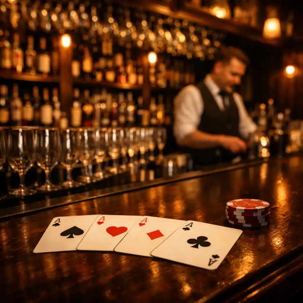 Bar w restauracji z ciemnego drewna, rzędy kieliszków, butelki na półkach, na blacie karty do pokera jako dekoracja