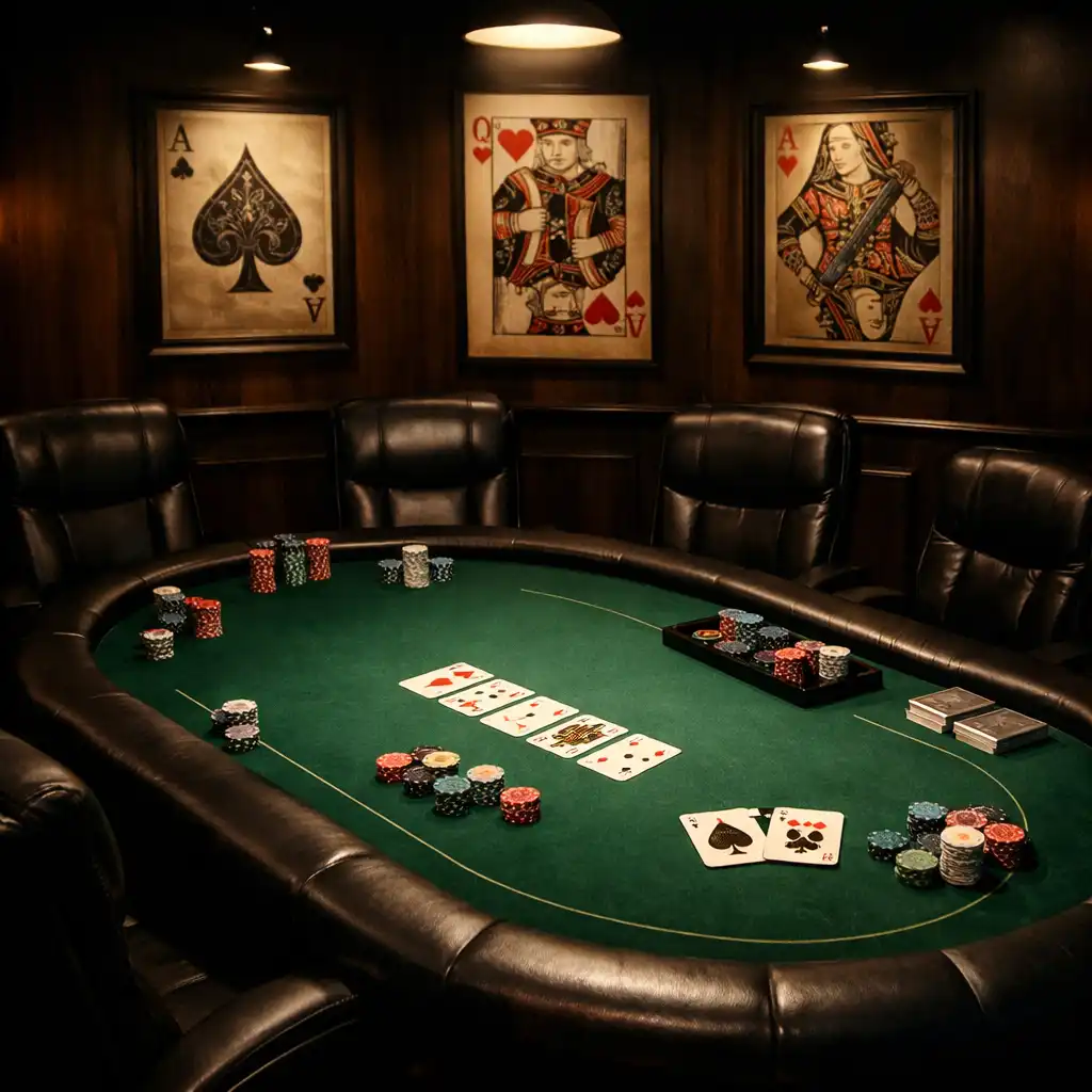 Card room Wieczornej Przystani z profesjonalnym stołem pokerowym, zielonym suknem, żetonami, kartami i skórzanymi fotelami w przyciemnionym świetle