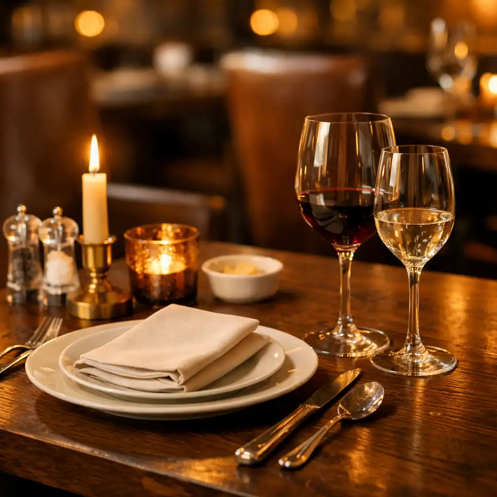Stół w restauracji Wieczornej Przystani z ciemnego dębu, elegancka zastawa, kieliszki i świeca, w tle skórzane krzesła i ciepłe światło