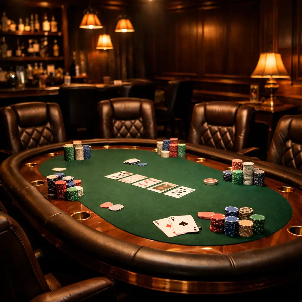 Strefa pokerowa z eleganckim stołem pokerowym z zielonym suknem, skórzane krzesła, żetony i karty na stole